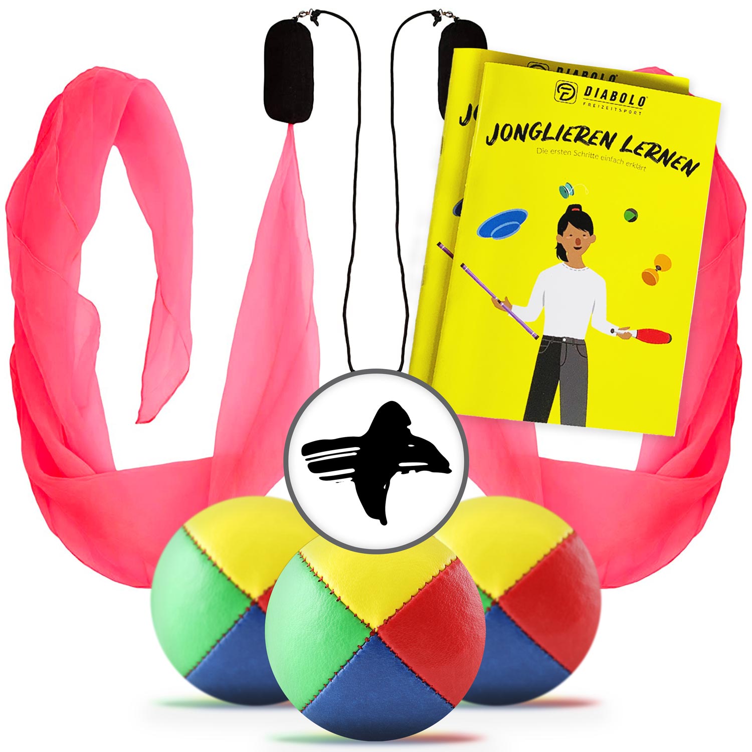 Diabolo Freizeitsport - Jonglierset mit drei Bällen und ein Paar pinken Leuchtpois kaufen!