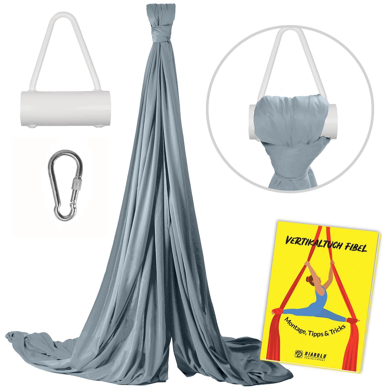 Diabolo Freizeitsport - Vertikaltuch Silbergrau mit Triangelhalterung Weiß mit Anleitungsheft