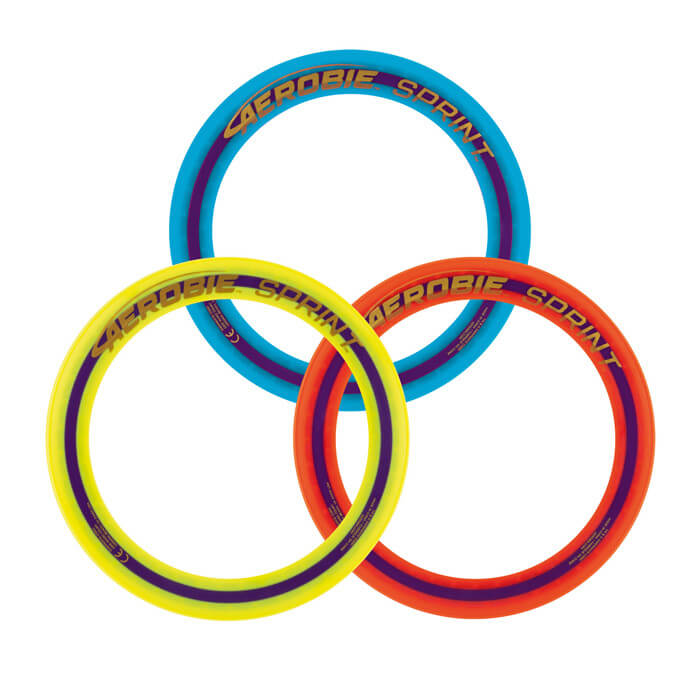 Aerobie - Sprint Ring in orange, gelb und blau auf weißem Hintergrund